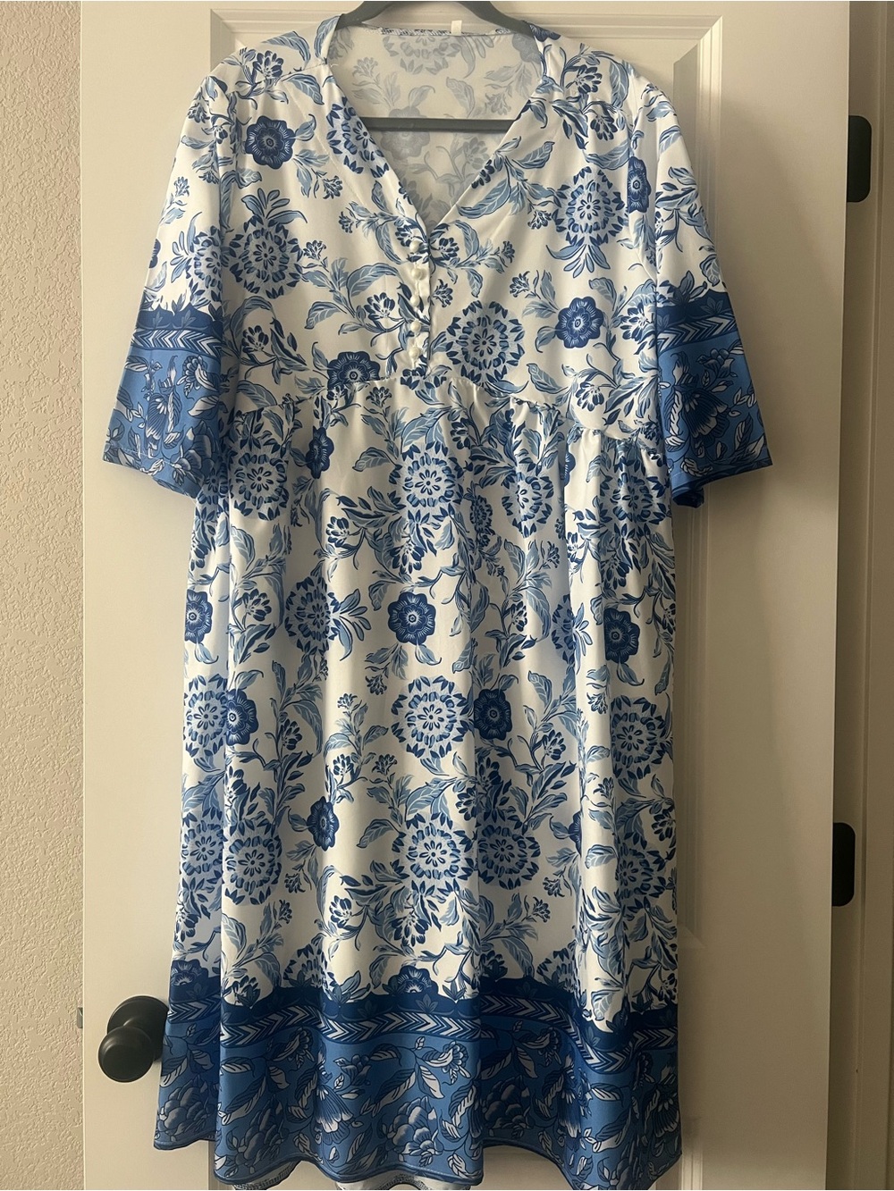 Blue & White Floral V-Neck Women’s Dress